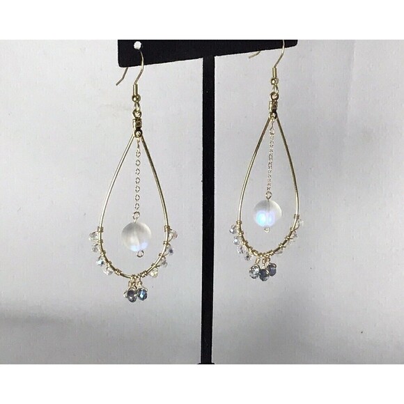 Handmade Wire Wrapped Dangle Earrings Sparkle Iridescent Mermaid Boho - Picture 6 of 7